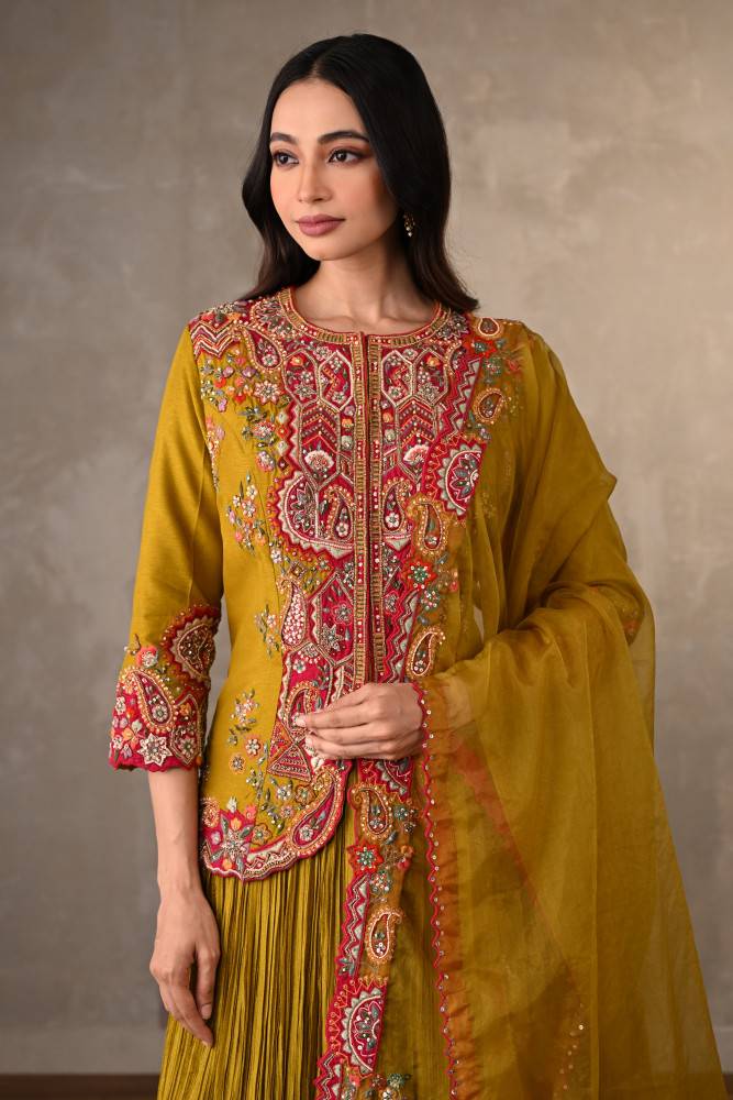 Mustard Rouge Crushed Organza Lehenga Set Buy at ₹48995