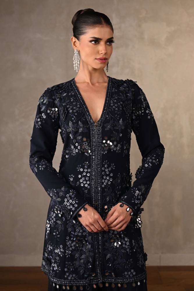 Navy Blue Georgette Embellished Top With Wide-Leg Pants Buy at ₹30495