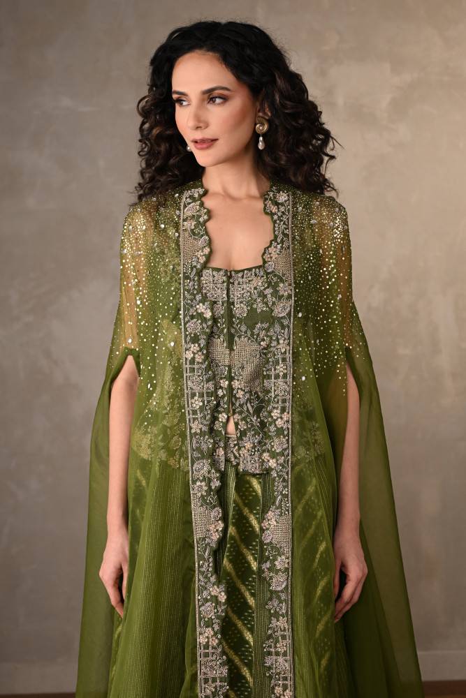 Green Regal Brocade Cape Lehenga Set Buy at ₹42995