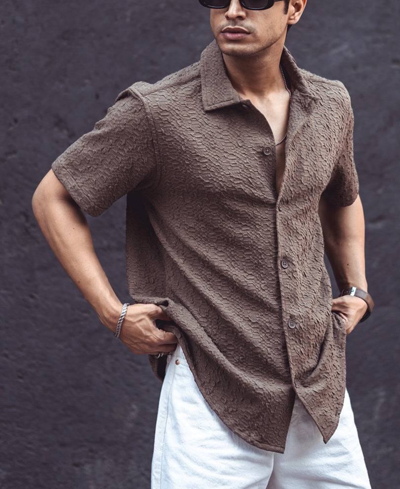 Dark Beige Textured Half Sleeves Shirt Buy @ ₹399