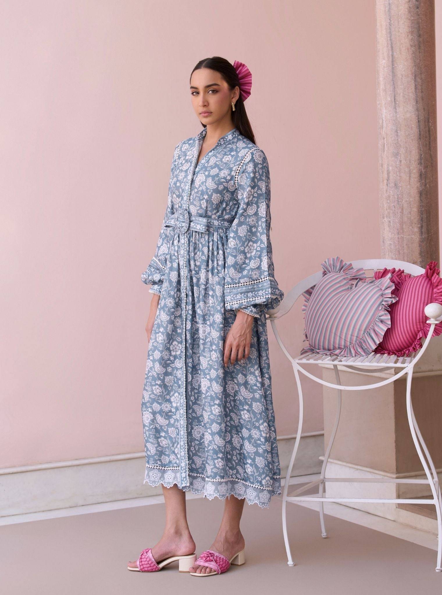 Selbourne Steel Blue Printed Lawn Dress