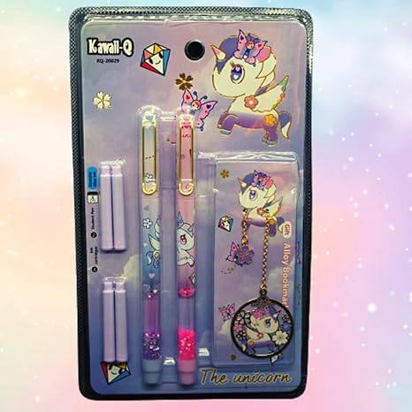 Kawaii Unicorn Glitter Fountain Pen Set for Girls – 2 Pens, 4 Refills & 1 Bookmark Buy @ ₹249