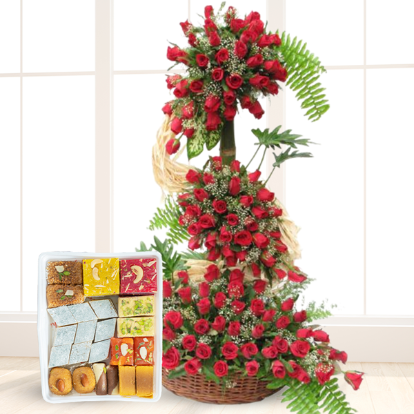 Basket Arrangement of Red Roses & Mix Mithai