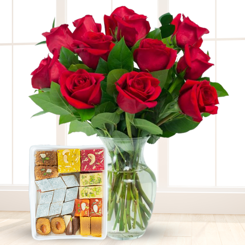 Red Roses in a Vase & Mix Mithai