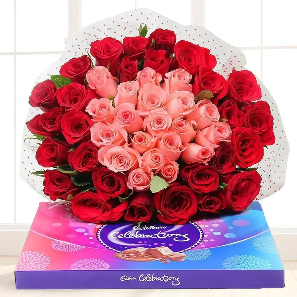 Red & Pink Roses Bouquet & Chocolates