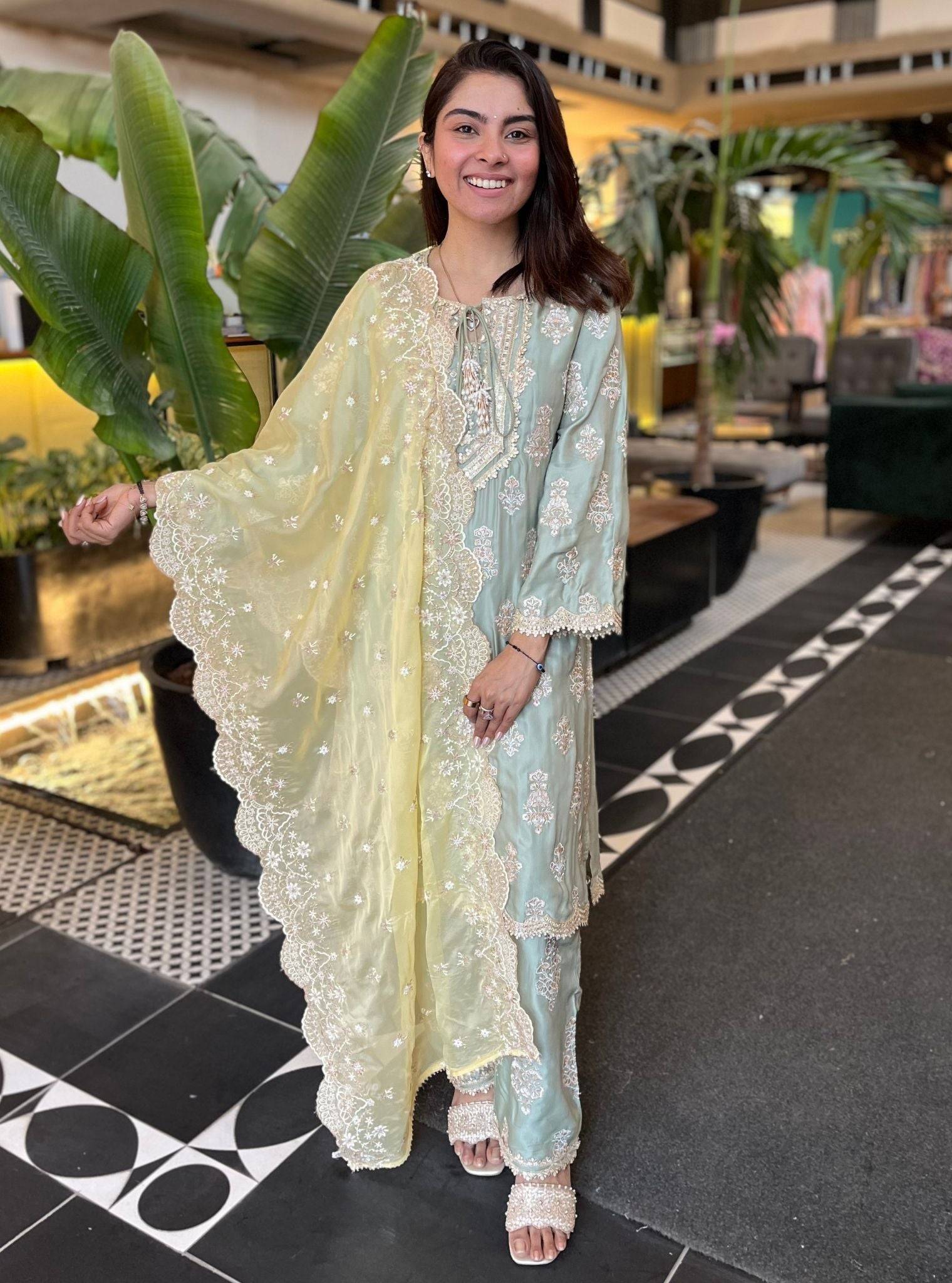 Intira Cupro Satin Sage Green Kurta Set