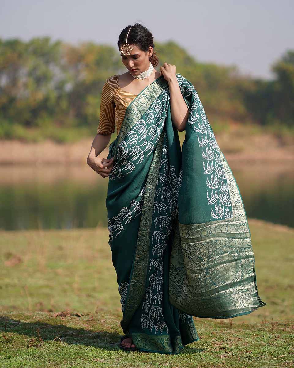Madhurima Green Block printed Dola Silk Saree - RB