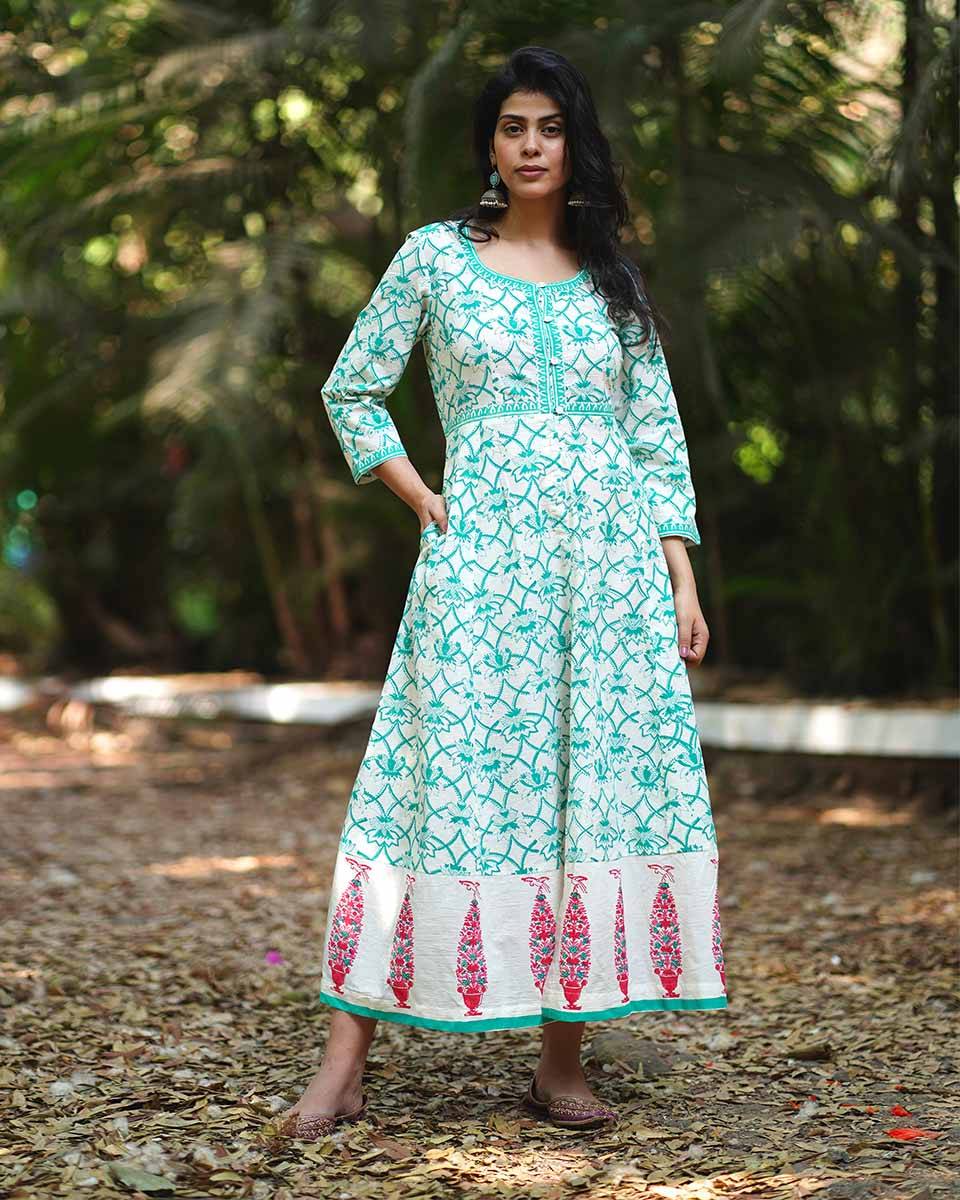 Chamomile’s Calm Teal Green Block Printed Cotton Dress - MMG