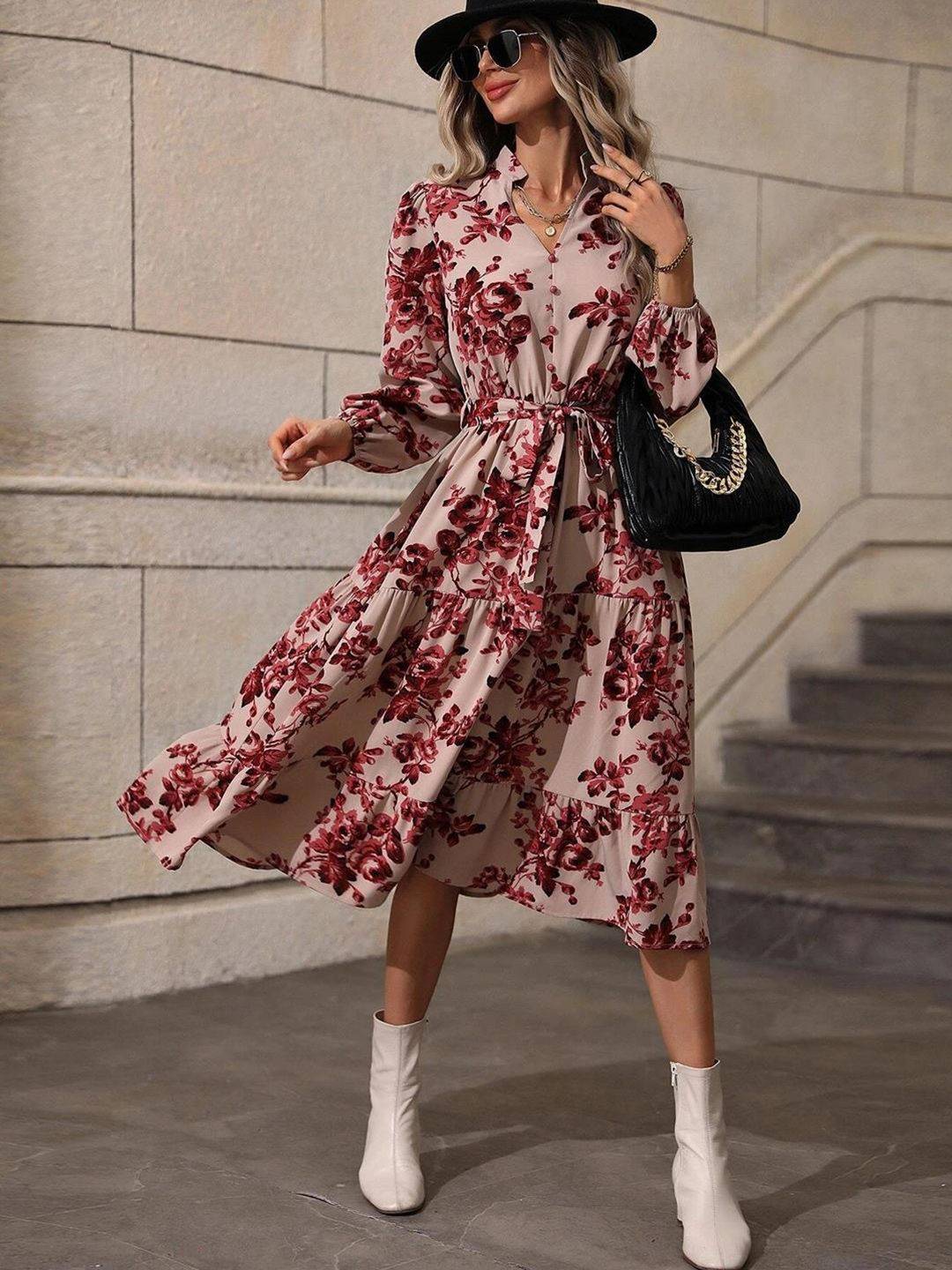 Kotty Beige & Maroon Printed Band Collar Puff Sleeves Crepe Tiered Fit & Flare Midi Dress