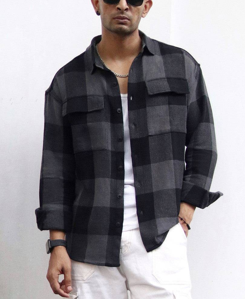Charcoal Black Checks Structured Oversize Drop Shoulder Shirt Buy @ ₹1199
