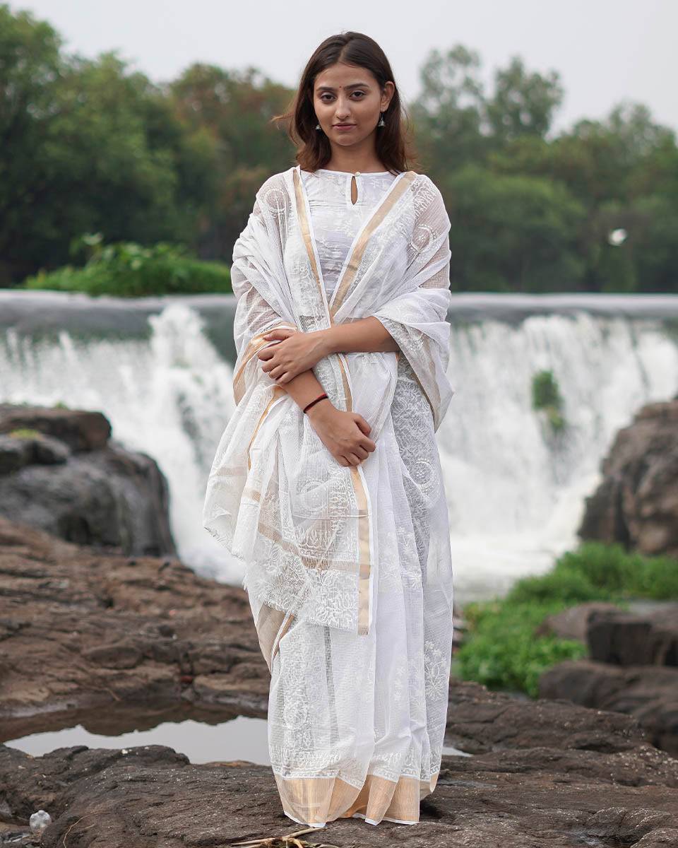 Milk Glass Kota Doria Ivory Block Printed Saree - SFD