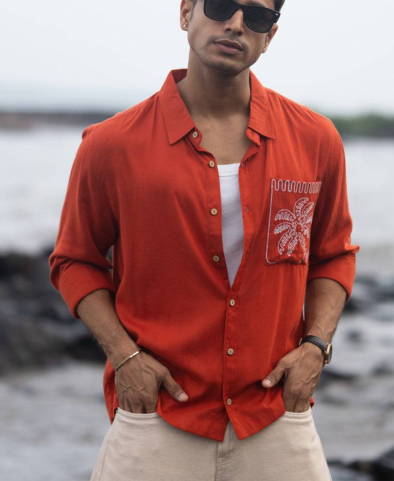 Spicy Orange Linen Blend Embroidery Shirt Buy @ ₹1199