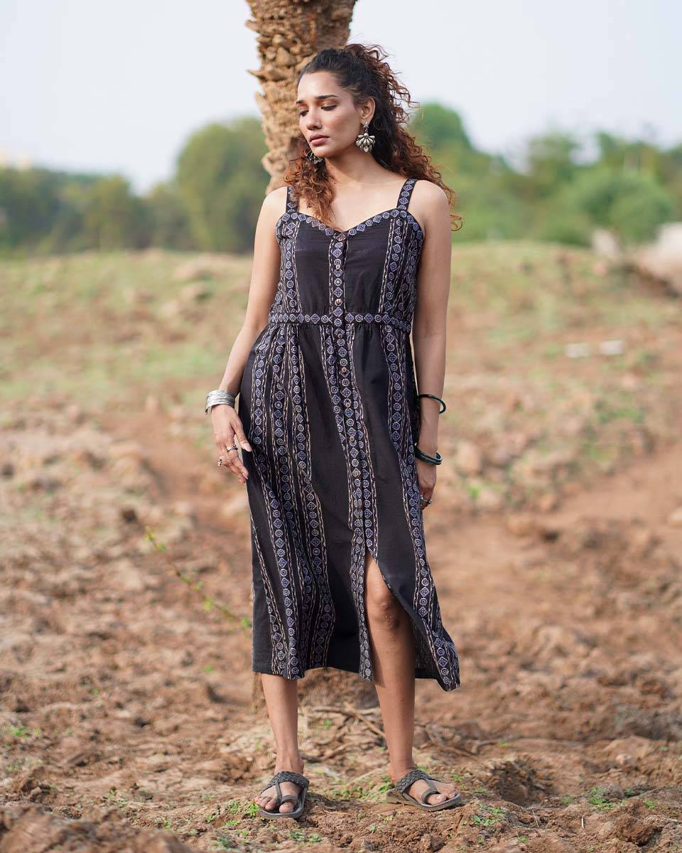 Soft Moonlight Blockprinted Cotton Dress-WWB