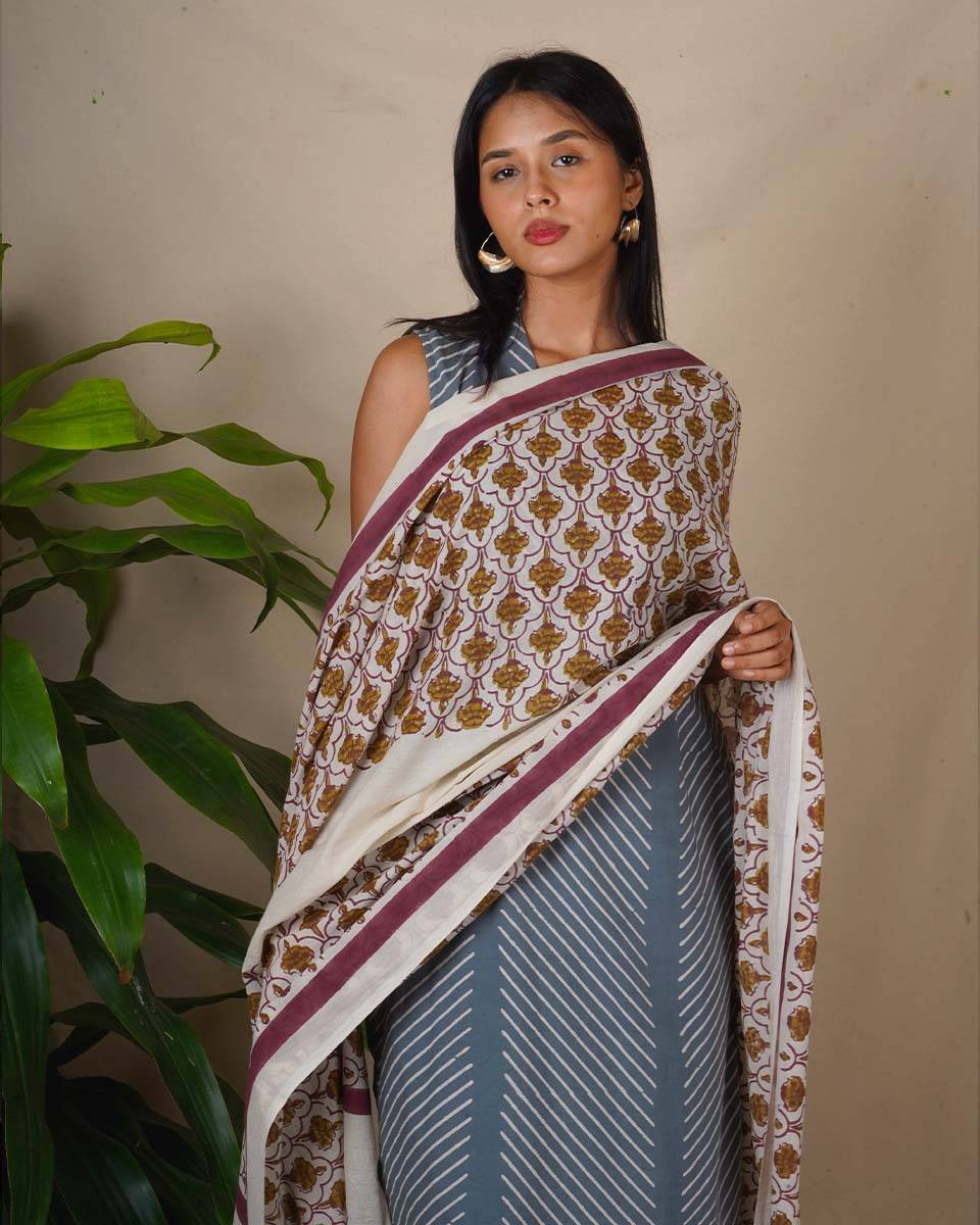 Eden Ivory Block Printed Cotton Dupatta - WW