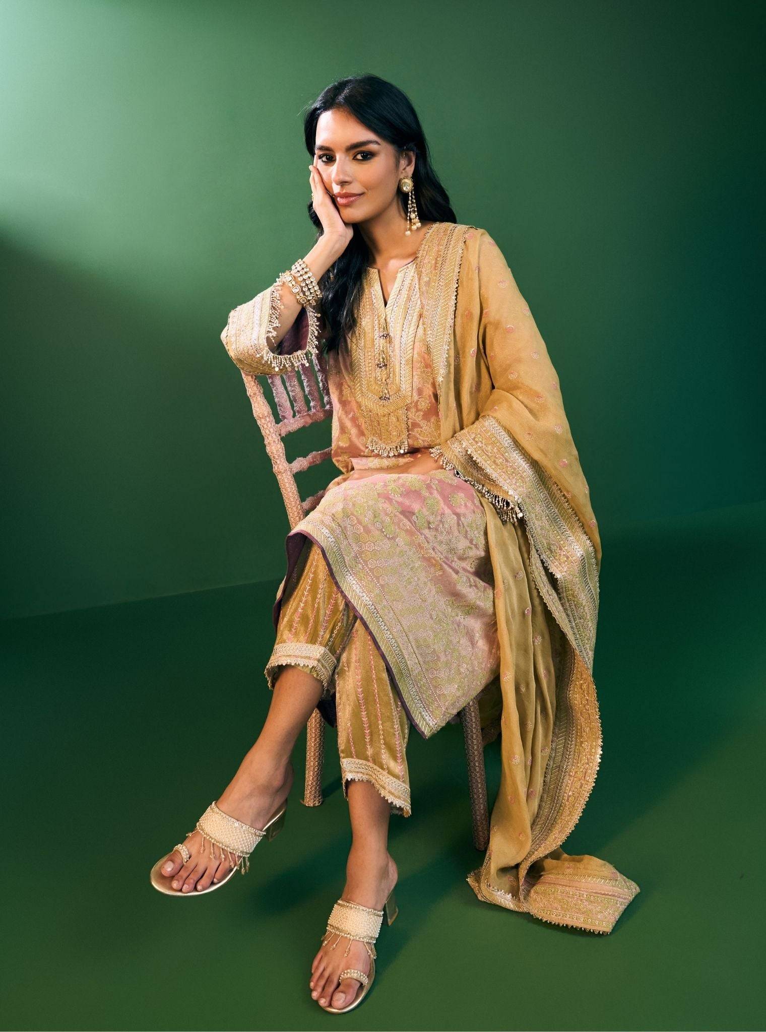 Aini Tissue Pink Kurta Set