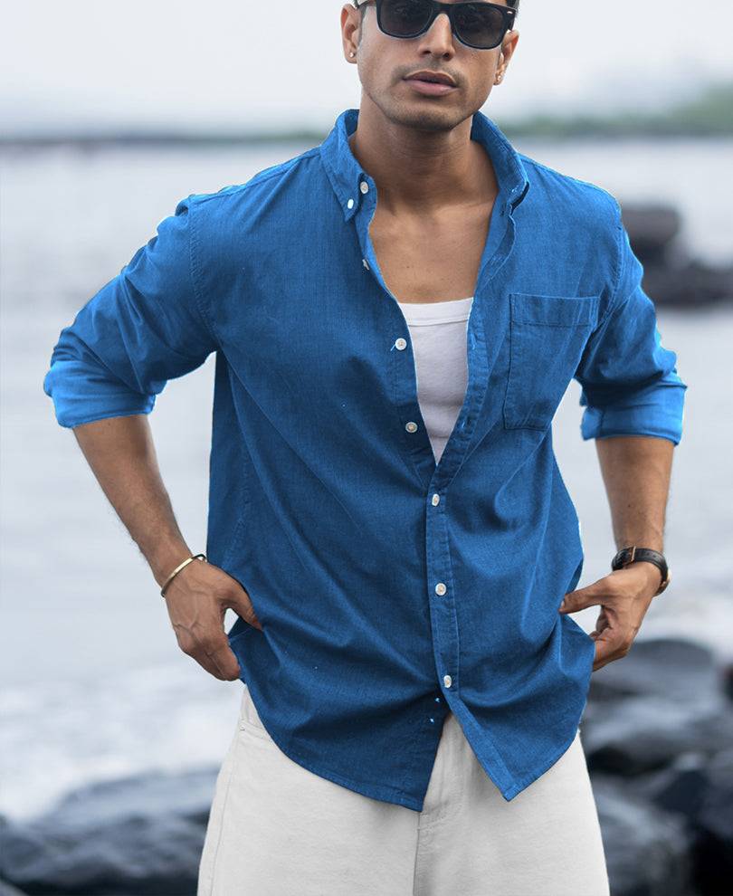 Cerulean Blue Linen Blend Shirt Buy @ ₹899