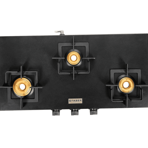 Faber Cooktop, ROMA 3BB BK CI, 4 Burner Auto Manual Ignition Glass Top Brass Burner 2 Medium +1 small + High Flame Gas Stove (Black) Buy at only ₹9399