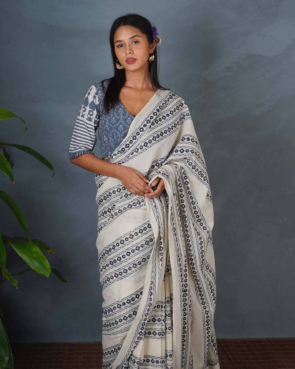 Sky Melt Ivory Block Printed Saree - BMS