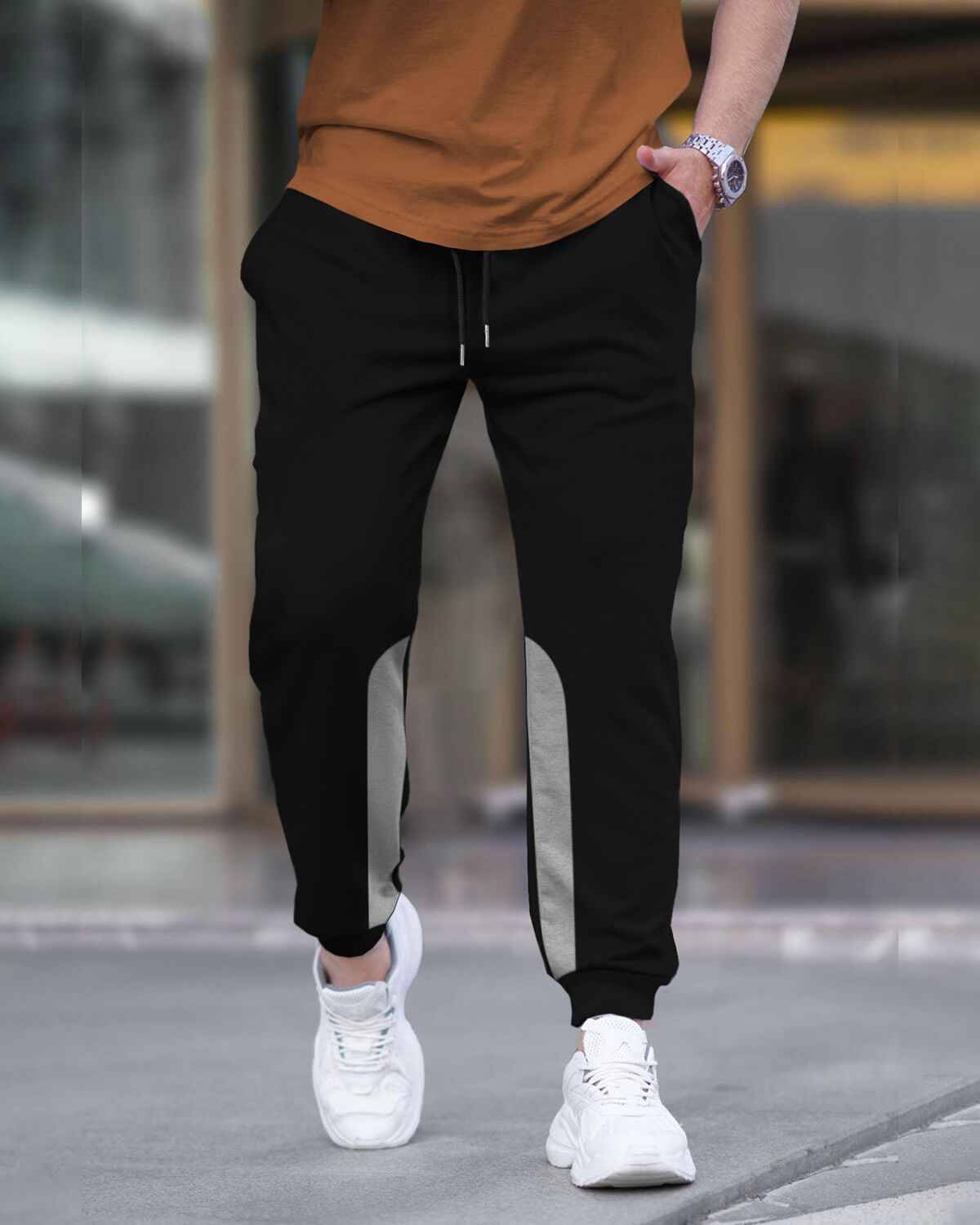Men Plain Ankle Fit Cuffed Black Jogger