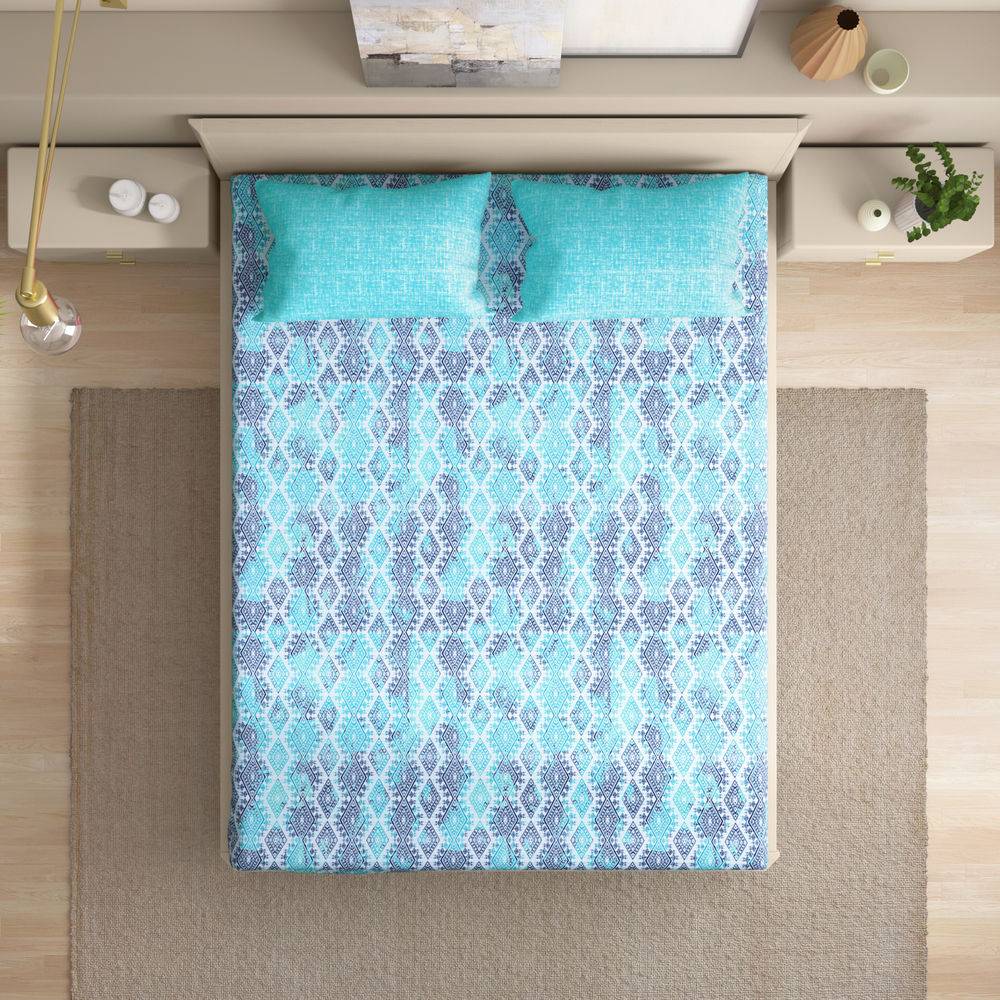 100% Cotton 200 TC Printed Flat Bedsheet, Seher Queen Size (100x90 Inches) / (2.54m*2.29m) with 2 Pillow Covers Seher, Double (100x85 inch)