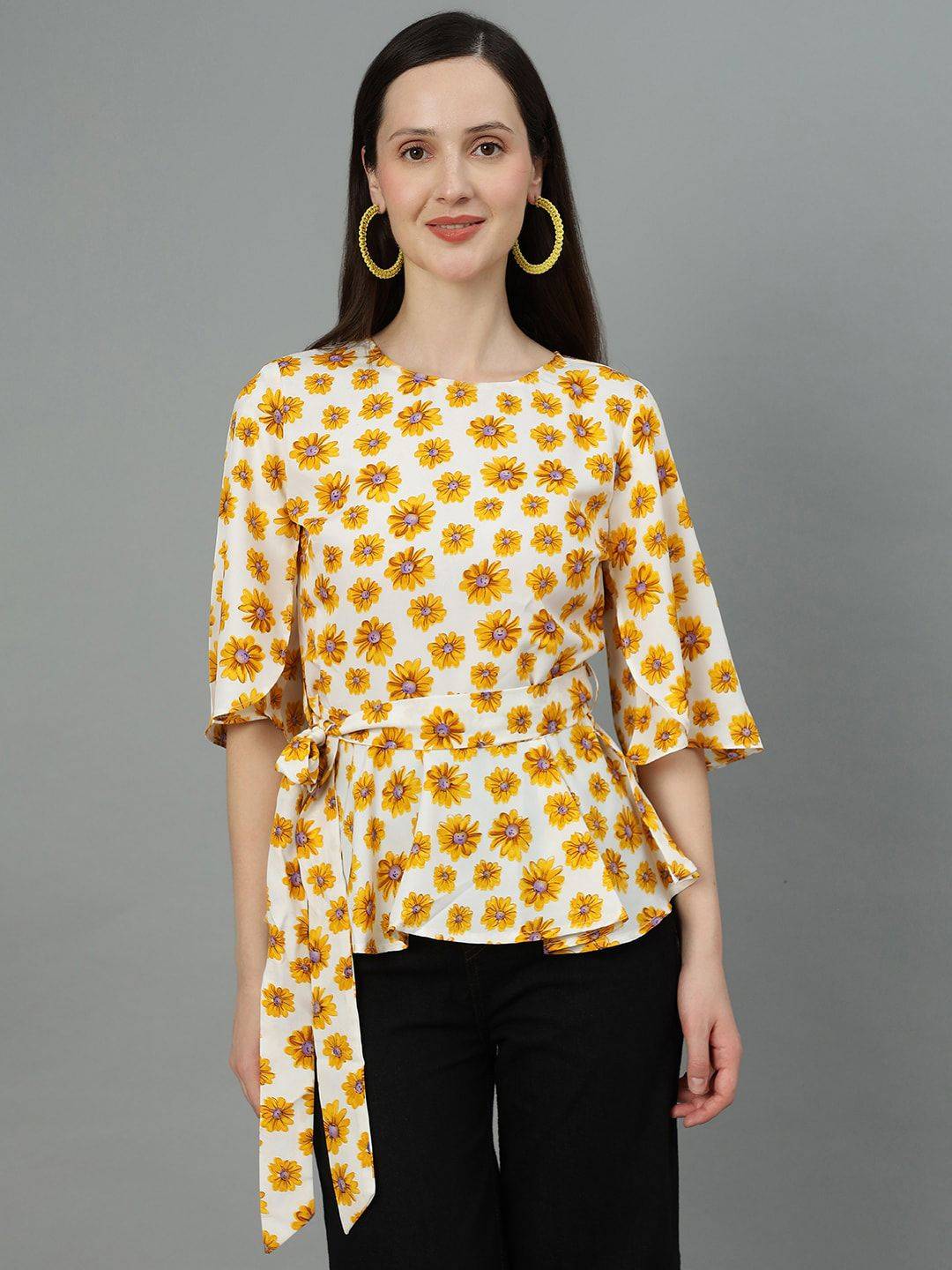 Kotty Floral Print Crepe Waist Tie-Up Top