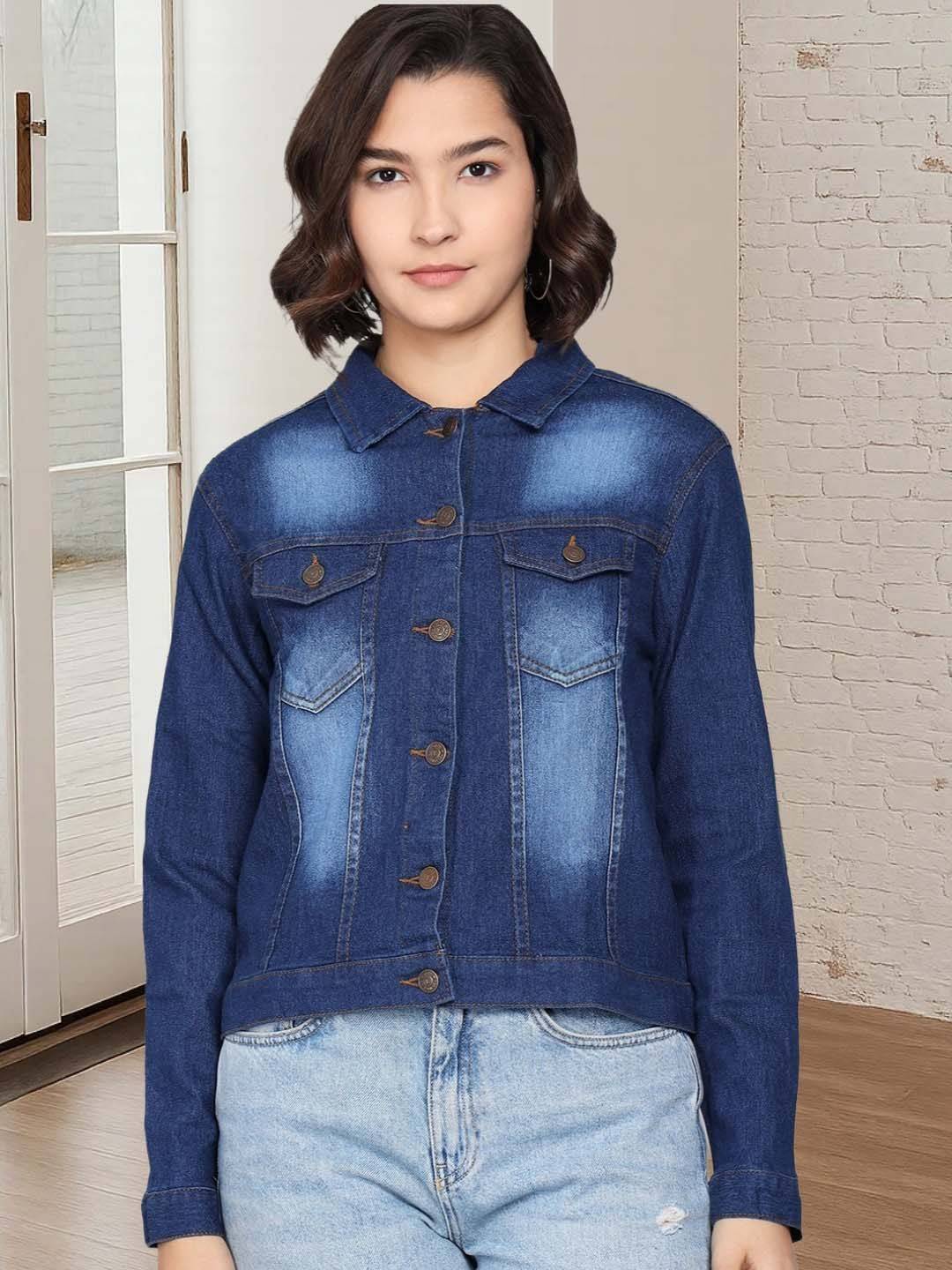 Kotty Women Spread Collar Solid Denim Jacket