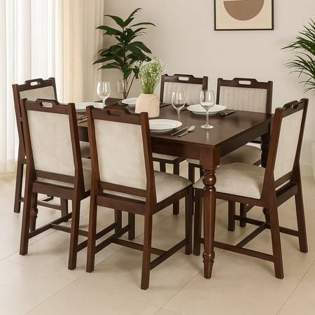 Globally Indian Compact Wooden 6 Seater Dining Table Set â€“ Comfortable 6 Upholstered Seat and Back in Beige Sapphire