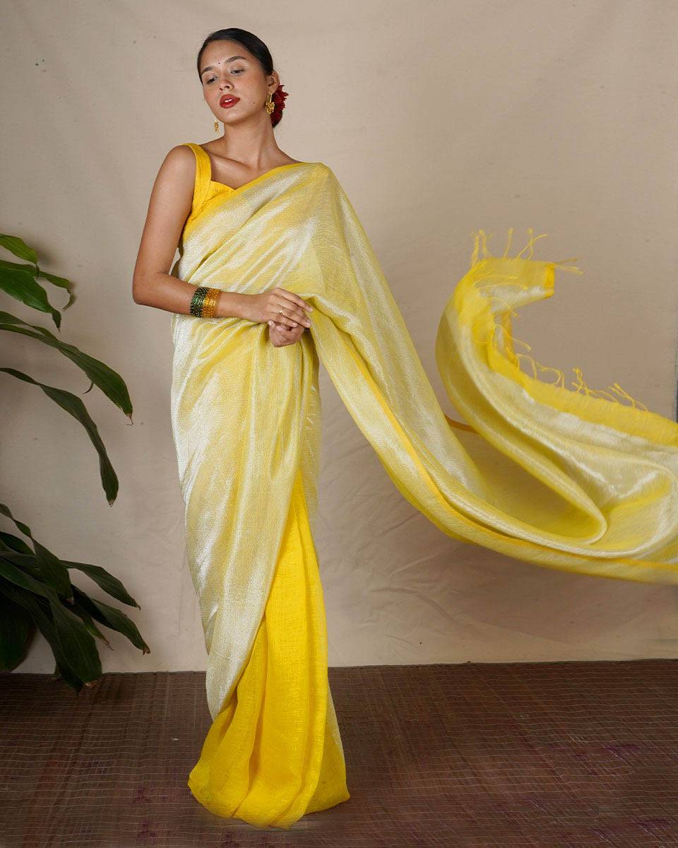 Jasnoor Yellow Handwoven Linen Zari Saree - Eknoor
