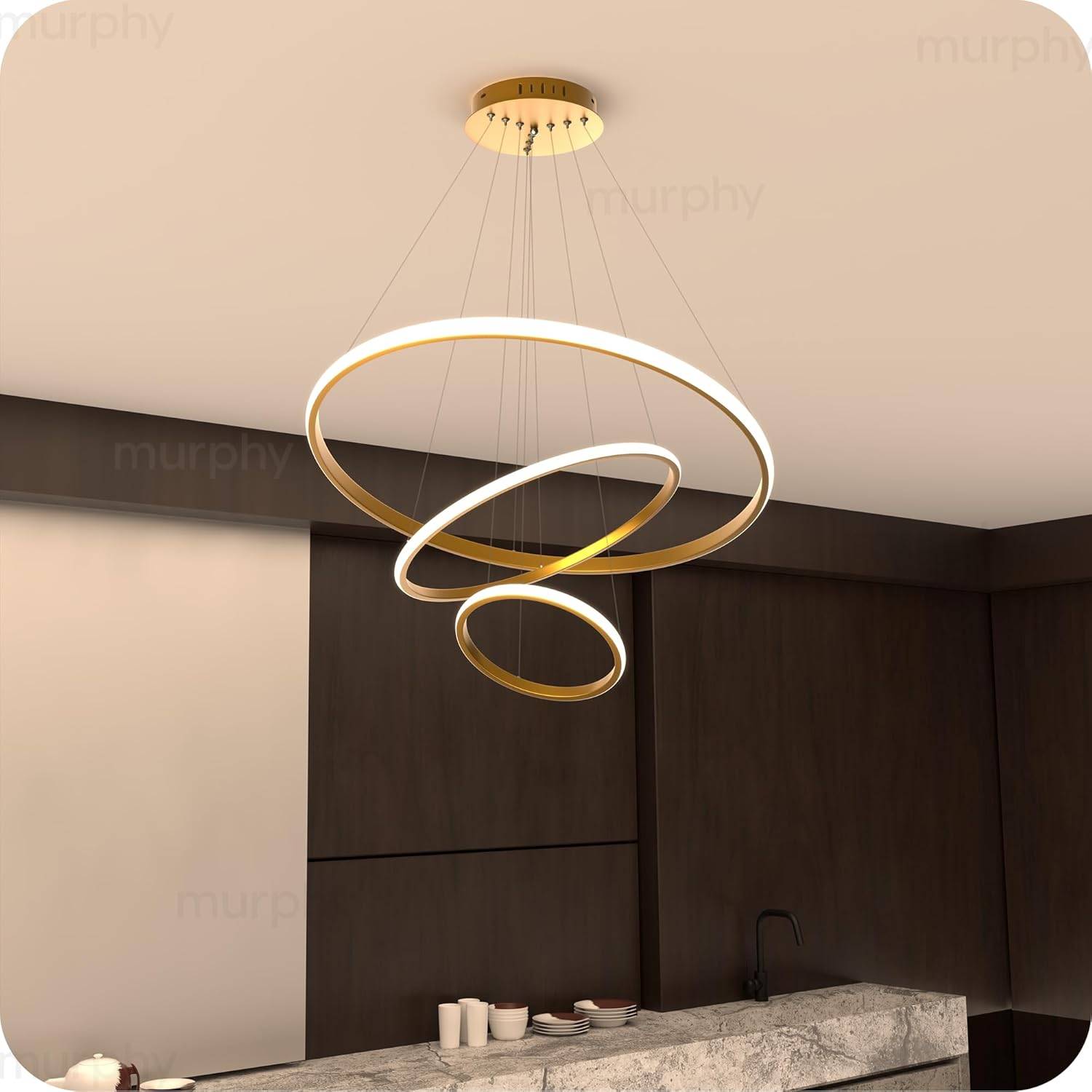 Murphy 3 Ring Modern LED Chandelier Ceiling Lamp | Gold Finish Pendant Light with 3 Color Modes (Cool White, Warm White, Natural White) for Living Room, Hall, Dining, Lobby