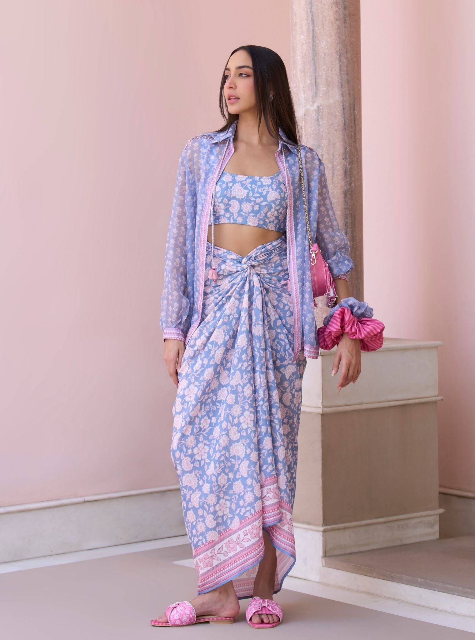 Nazeera Steel Blue Printed Organza Shirt & Lawn Skirt Set