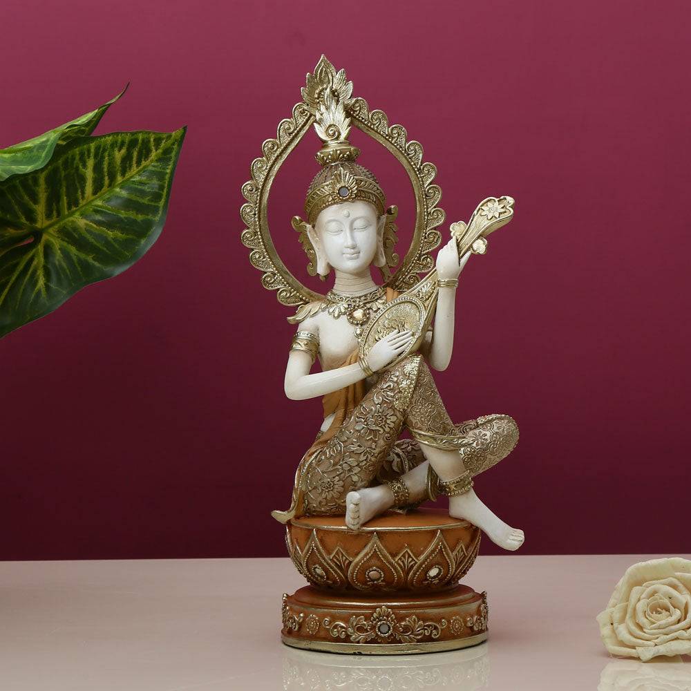 Buddha Holding Sitar Decorative Polyresin Showpiece (Cream)