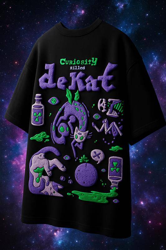 Curiosity Black Oversized Puff Printed Exclusive T-shirt