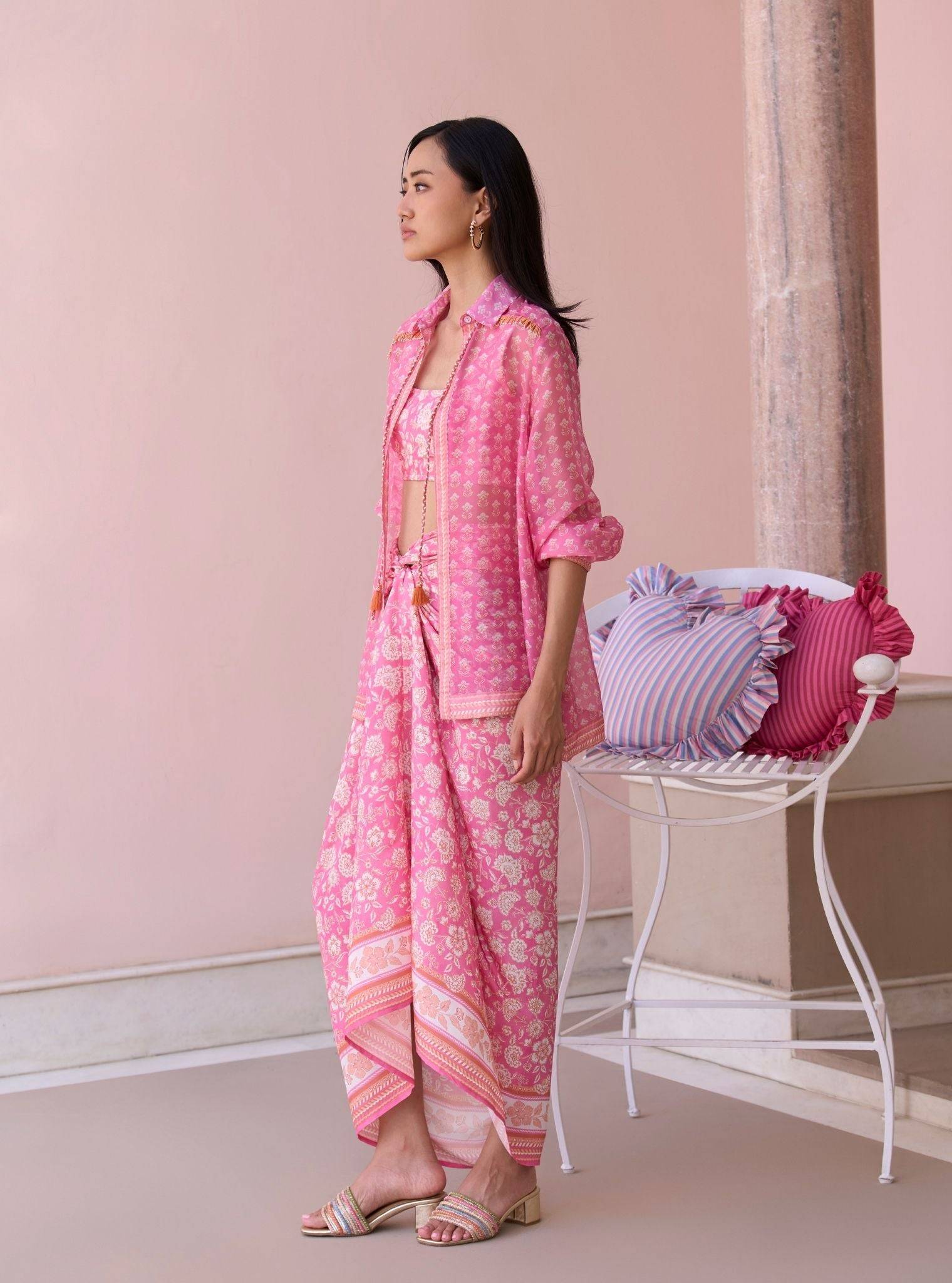 Nazeera Rani Pink Printed Organza Shirt & Lawn Skirt Set