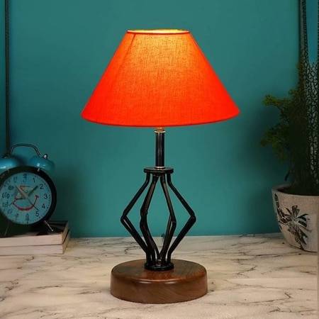 Aylin Orange cotton Table lamp with Wood & Iron Base