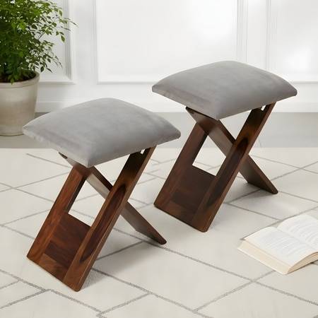 Dayton Sheesham Wood Accent Square Set of 2   Stools in Grey Cotton Velvet Upholstery