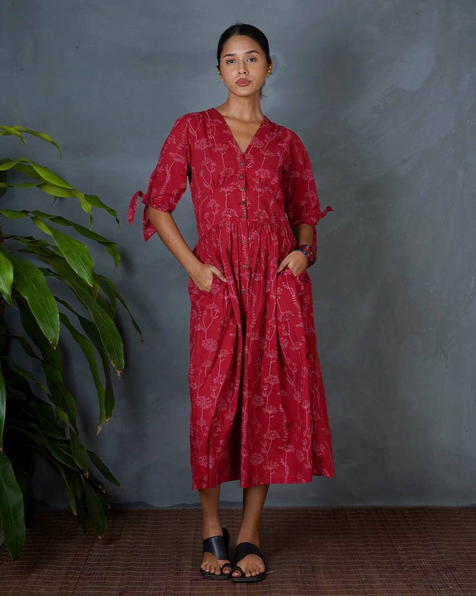 Saanjhika Red Hand Block Printed Dress-MYA