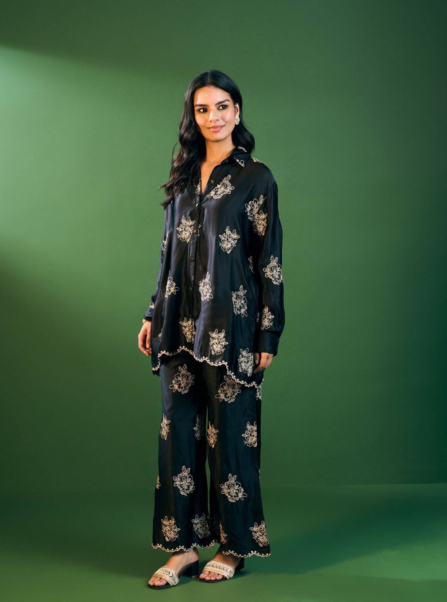 Mireille Cupro Satin Black Shirt & Pant Set