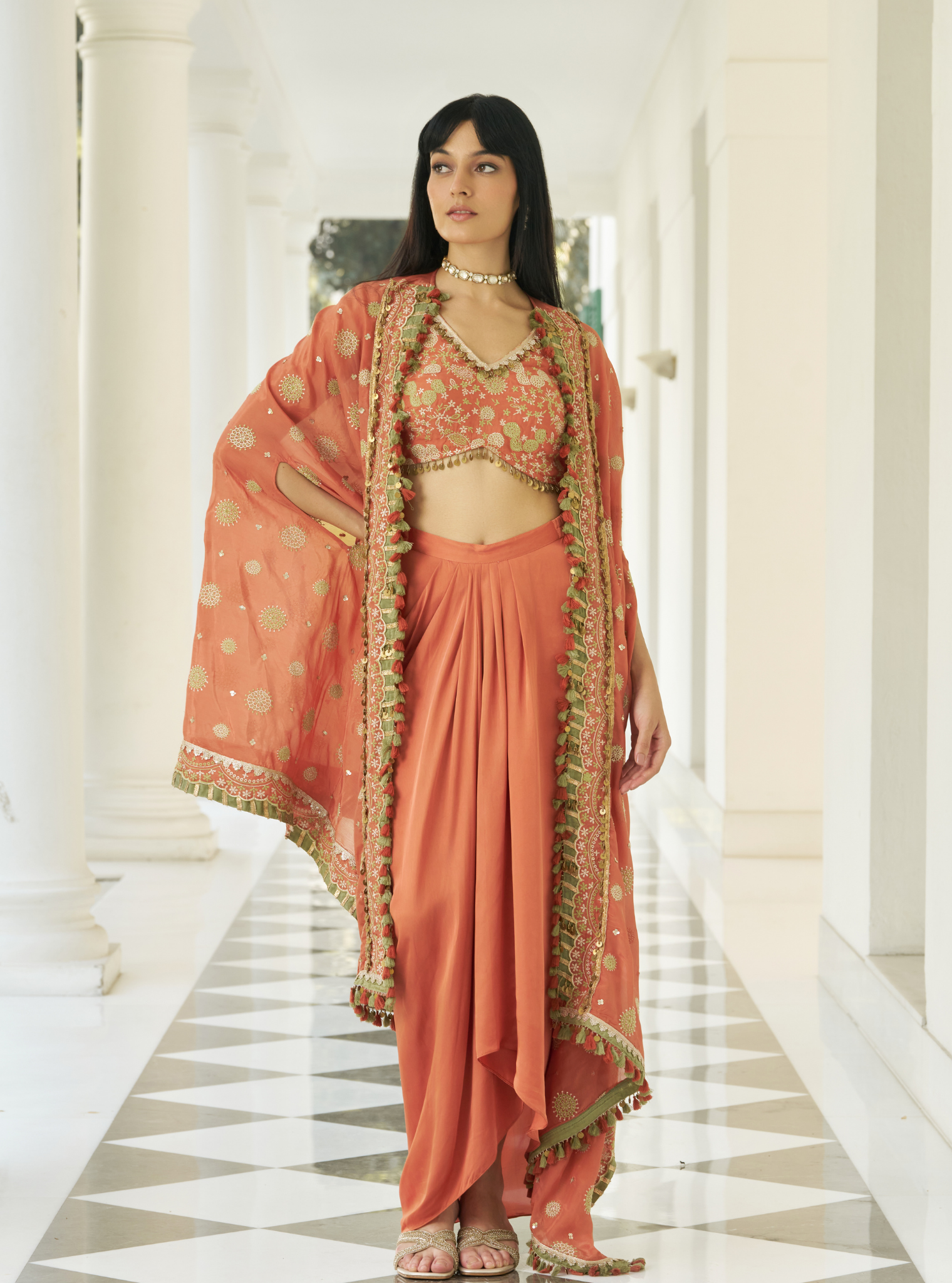 Parinay Glass Organza Orange Cape With Skirt