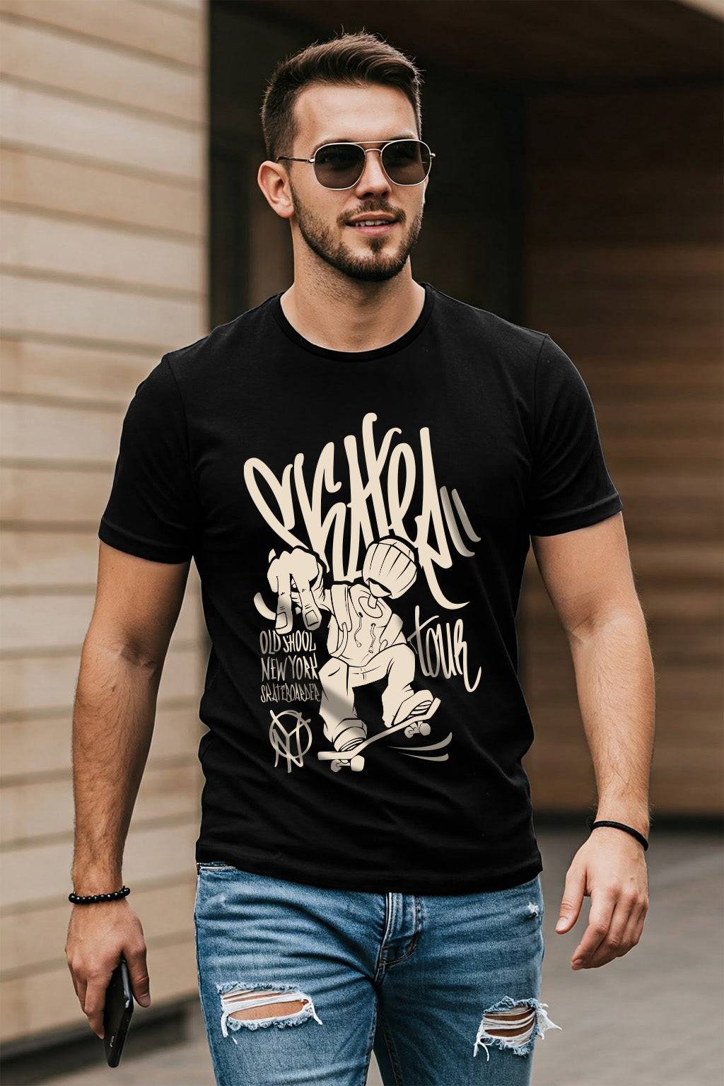 Old School Black Regular Fit Printed T-shirt