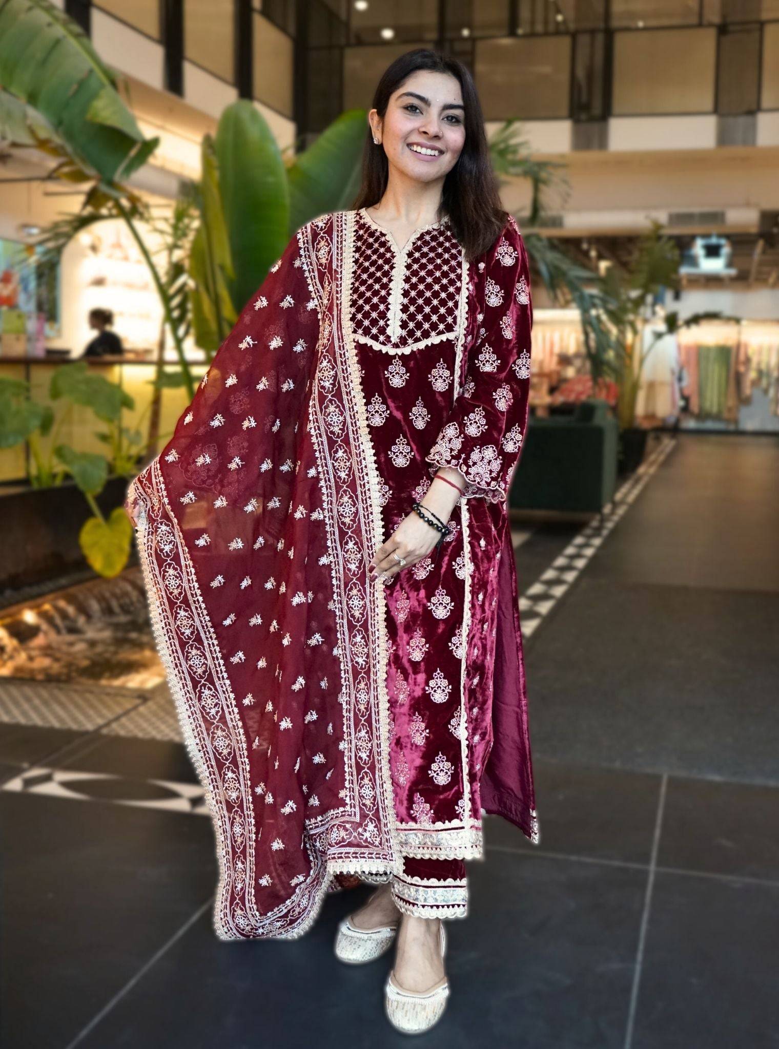 Ghazal Velvet Wine Kurta Set