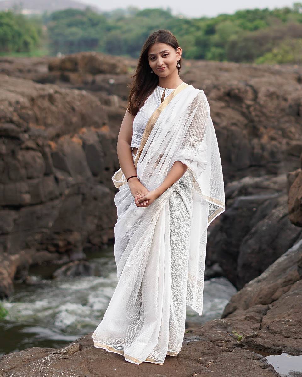 Almond Smoke Kota Doria Ivory Block Printed Saree - SFD