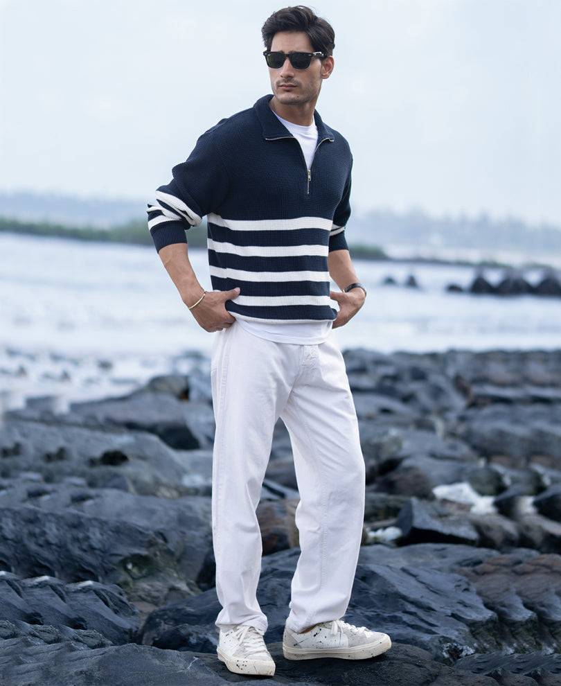 Navy Striped Zipper Neck Sweater Buy @ ₹1299