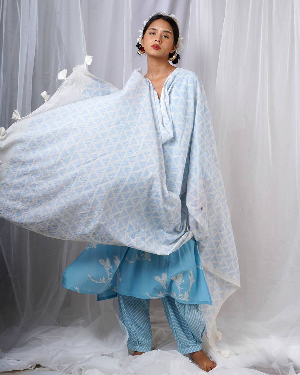 Chikki Blue Hand Block Printed Dupatta-BAD