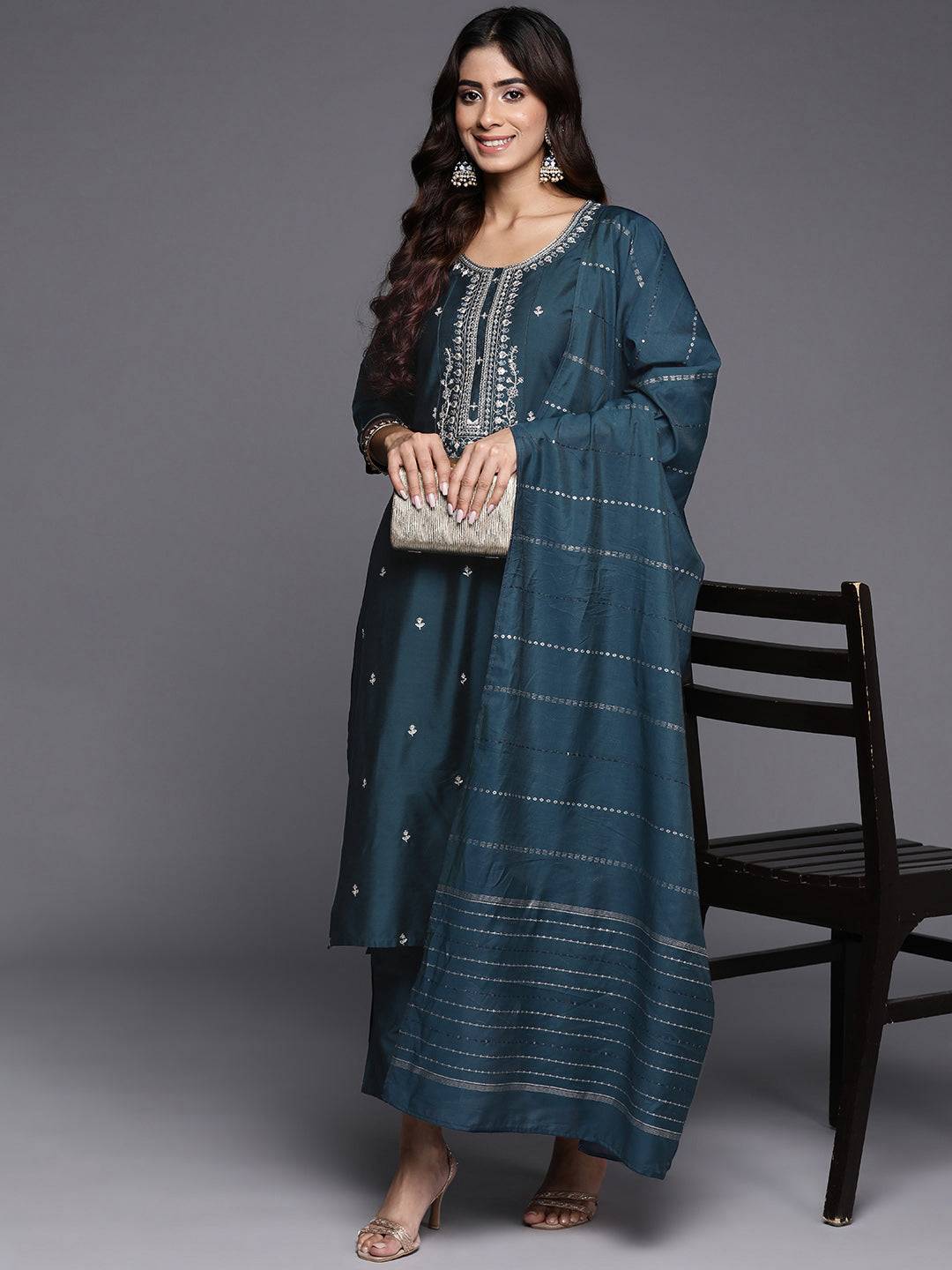 Blue Embroidered Silk Blend Straight Su... Buy only at ₹3299