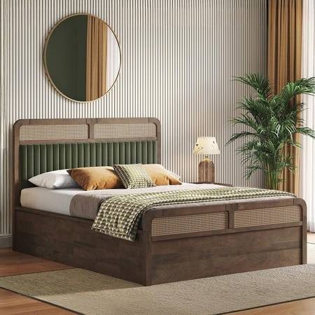 Hanoi Solid Wood Cane Queen Size Hydraulic Storage Bed In Danish Walnut Finish with Deep Olive Colour
