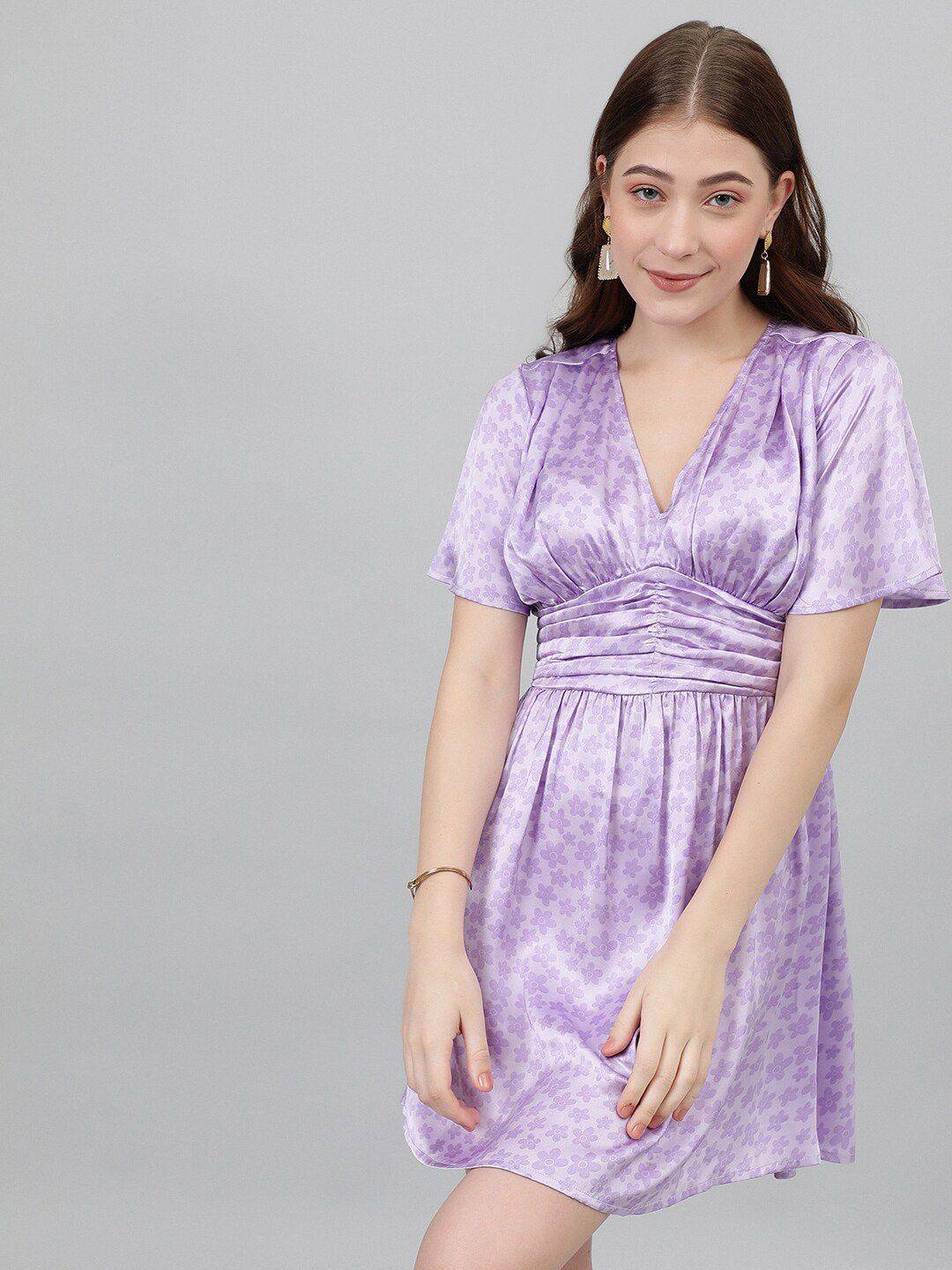 Kotty Lavendor Floral Printed V-Neck Satin Fit & Flare Dress