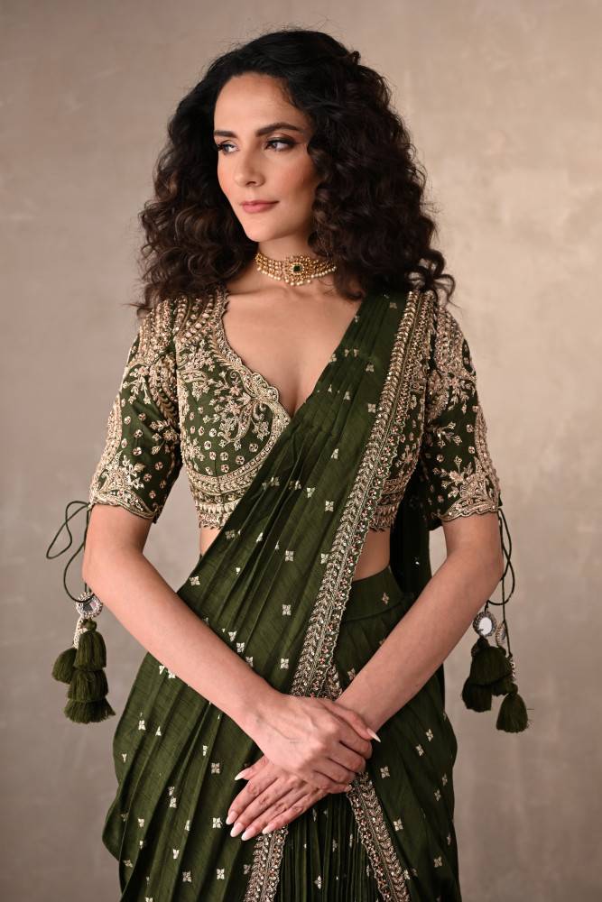 Zariya Olive Embroidered Drape Saree Buy at ₹37995