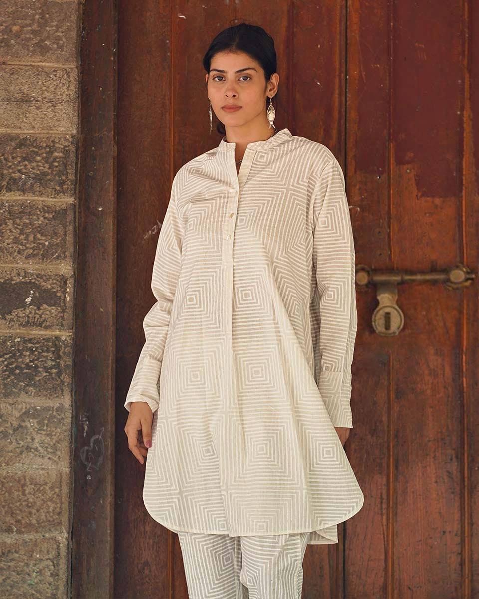 Porcelain Blush Ivory Block Printed Kurta Set - SFD