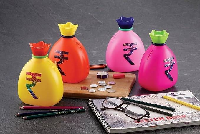 Plastic Money Saving Bank for Kids – Coin Bank in Rupee Bag Shape (Random Color)