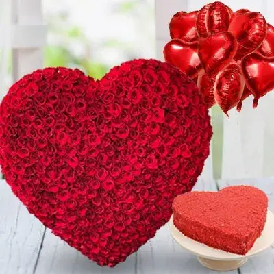 Heart Shape Arrangement of Roses, Cake & Balloons